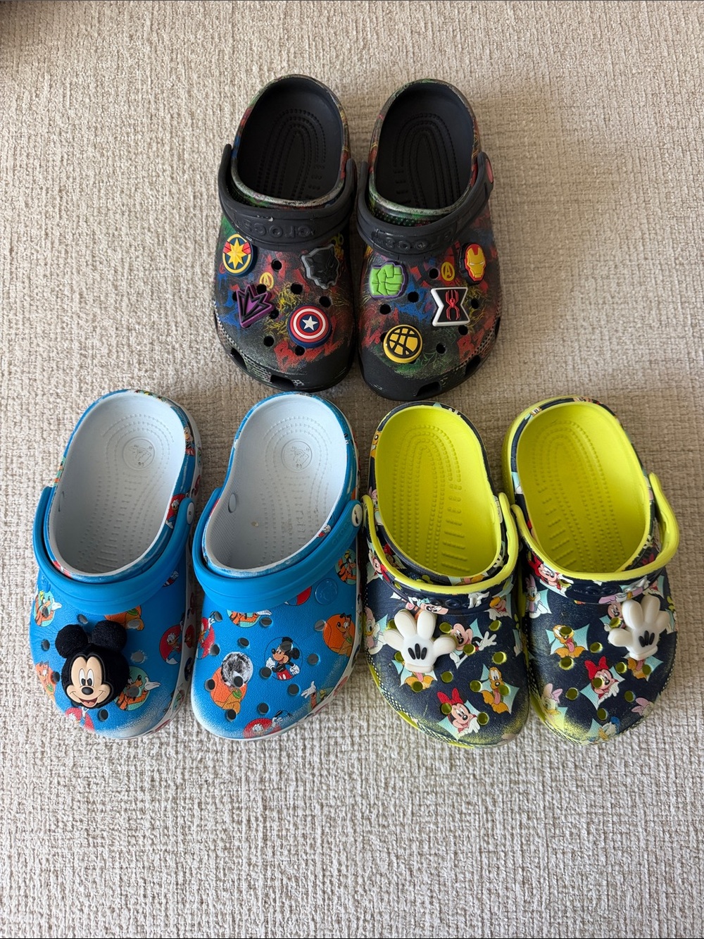 Set of 3 size 1 CROCS Kids Assorted Disney Character Clogs - Black, Blue, Yellow